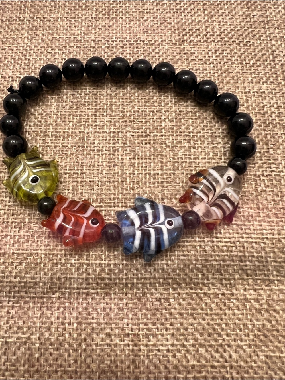 Black Onyx Bead Bracelet with Multicolor Glass Fish Unisex